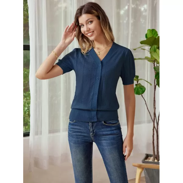 GRACE KARIN Womens Short Puff Sleeve Top Cropped Cardigan V Neck Open Front Bolero Shrug Lightweight Knit SweaterNavy Blue