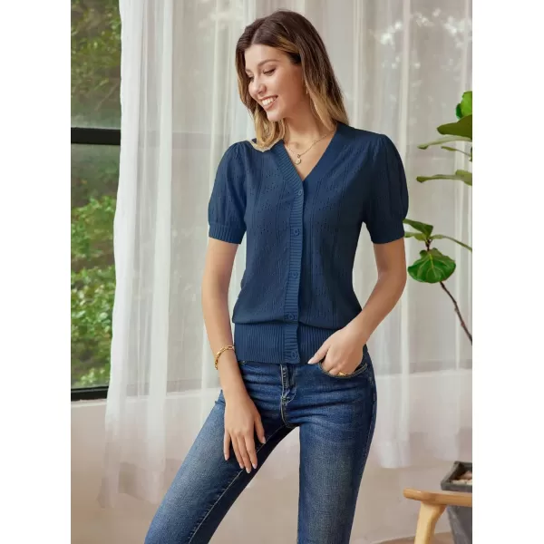 GRACE KARIN Womens Short Puff Sleeve Top Cropped Cardigan V Neck Open Front Bolero Shrug Lightweight Knit SweaterNavy Blue