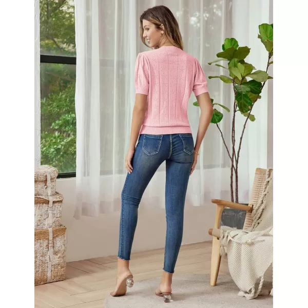 GRACE KARIN Womens Short Puff Sleeve Top Cropped Cardigan V Neck Open Front Bolero Shrug Lightweight Knit SweaterPink