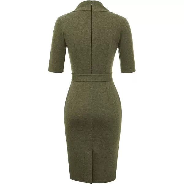 GRACE KARIN Womens Short Sleeve Bodycon Dress Belted Business Cocktail Funeral Pencil Dress with ProcketArmy Green