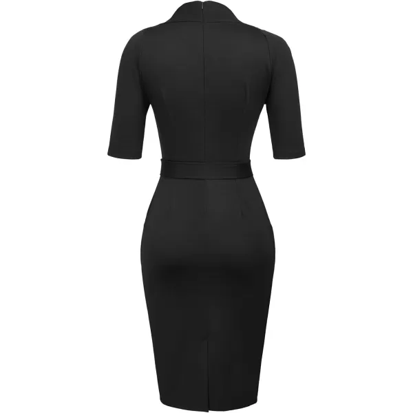 GRACE KARIN Womens Short Sleeve Bodycon Dress Belted Business Cocktail Funeral Pencil Dress with ProcketBlack