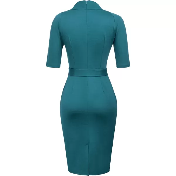 GRACE KARIN Womens Short Sleeve Bodycon Dress Belted Business Cocktail Funeral Pencil Dress with ProcketBondi Blue