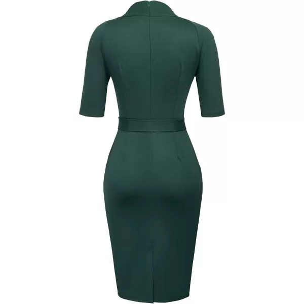 GRACE KARIN Womens Short Sleeve Bodycon Dress Belted Business Cocktail Funeral Pencil Dress with ProcketGreen