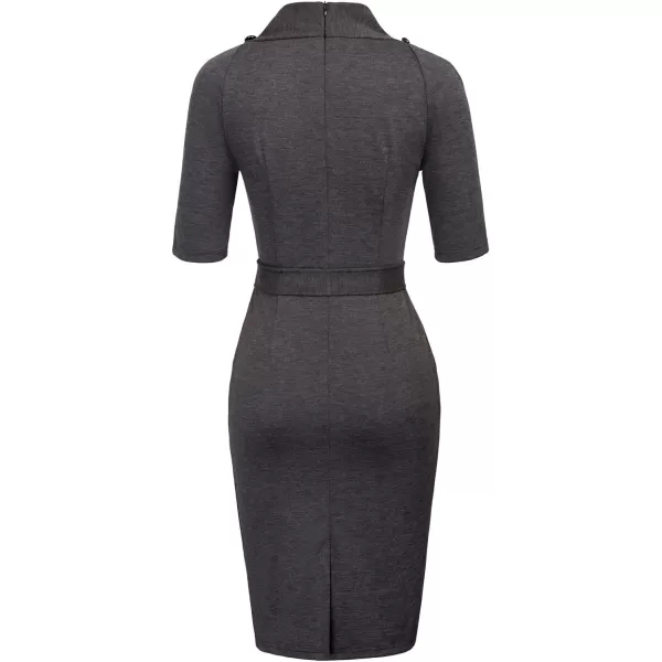 GRACE KARIN Womens Short Sleeve Bodycon Dress Belted Business Cocktail Funeral Pencil Dress with ProcketGrey