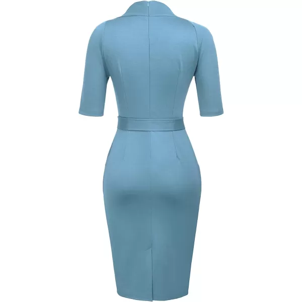 GRACE KARIN Womens Short Sleeve Bodycon Dress Belted Business Cocktail Funeral Pencil Dress with ProcketGrey Blue