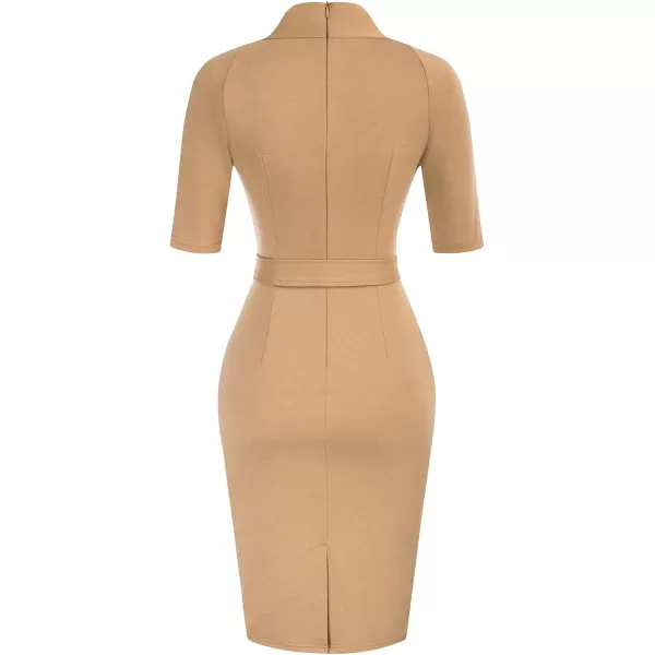 GRACE KARIN Womens Short Sleeve Bodycon Dress Belted Business Cocktail Funeral Pencil Dress with ProcketKhaki