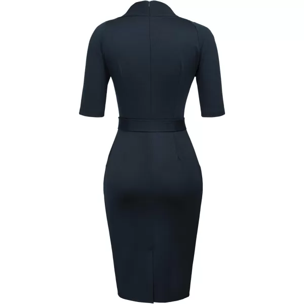 GRACE KARIN Womens Short Sleeve Bodycon Dress Belted Business Cocktail Funeral Pencil Dress with ProcketNavy Blue