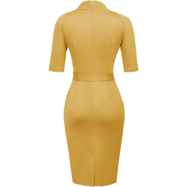 GRACE KARIN Womens Short Sleeve Bodycon Dress Belted Business Cocktail Funeral Pencil Dress with ProcketYellow