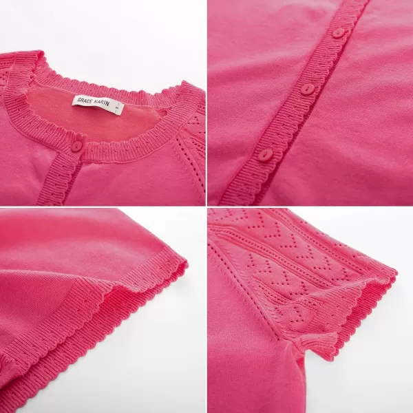 GRACE KARIN Womens Short Sleeve Crochet Knit Cardigan 2024 Summer Cardigan Lightweight Bolero Shrugs Sweaters TopsHot Pink