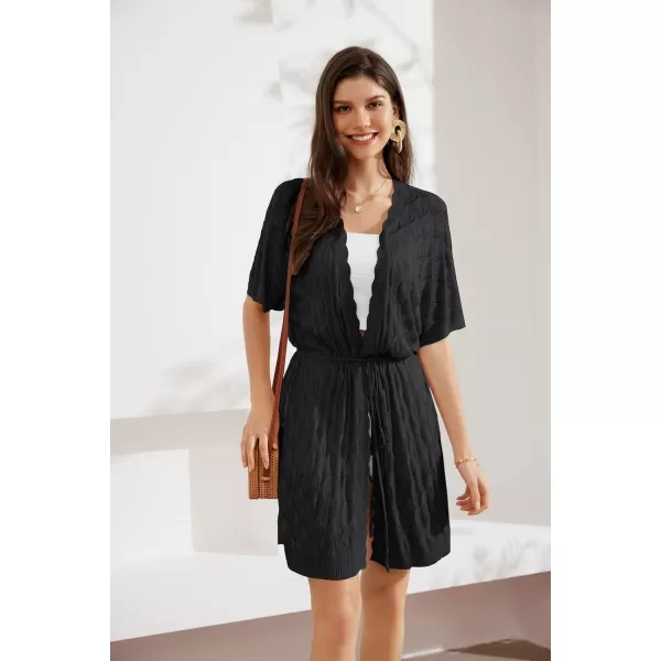 GRACE KARIN Womens Short Sleeve Open Front Crochet Knit Cardigan Lightweight Summer Kimono Boho Cardigans with Side SlitBlack