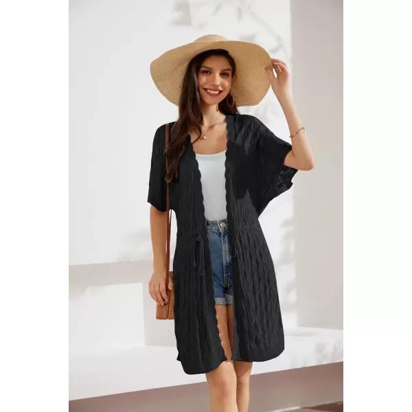 GRACE KARIN Womens Short Sleeve Open Front Crochet Knit Cardigan Lightweight Summer Kimono Boho Cardigans with Side SlitBlack