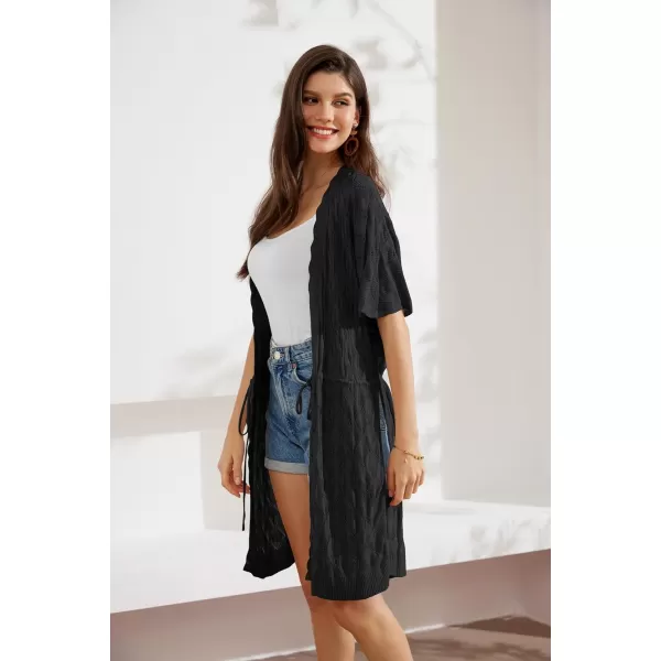 GRACE KARIN Womens Short Sleeve Open Front Crochet Knit Cardigan Lightweight Summer Kimono Boho Cardigans with Side SlitBlack
