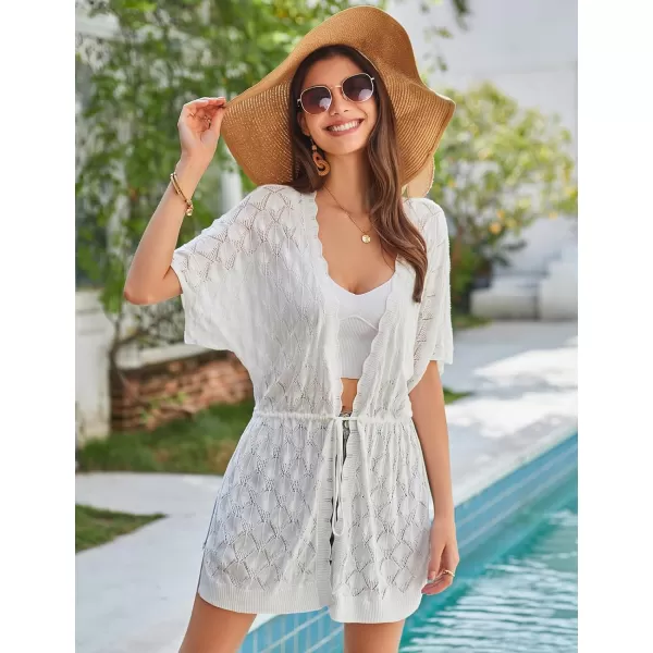 GRACE KARIN Womens Short Sleeve Open Front Crochet Knit Cardigan Lightweight Summer Kimono Boho Cardigans with Side SlitWhite
