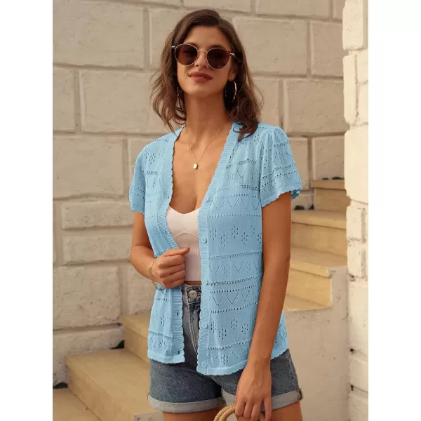 GRACE KARIN Womens Short Sleeve Ruffle Cardigan 2024 Summer Crochet Cardigan Lightweight Bolero Shrugs Sweaters TopsLight Blue