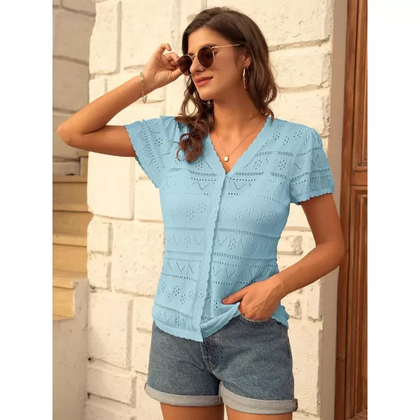 GRACE KARIN Womens Short Sleeve Ruffle Cardigan 2024 Summer Crochet Cardigan Lightweight Bolero Shrugs Sweaters TopsLight Blue