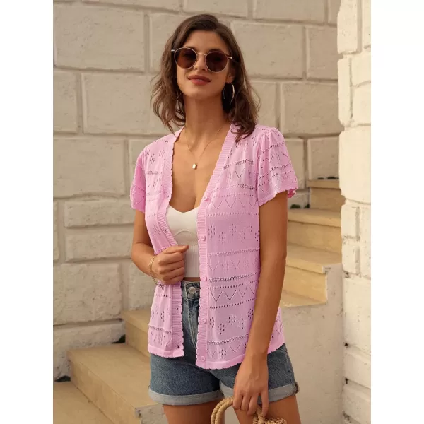 GRACE KARIN Womens Short Sleeve Ruffle Cardigan 2024 Summer Crochet Cardigan Lightweight Bolero Shrugs Sweaters TopsPink