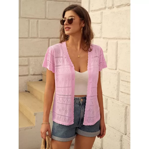 GRACE KARIN Womens Short Sleeve Ruffle Cardigan 2024 Summer Crochet Cardigan Lightweight Bolero Shrugs Sweaters TopsPink