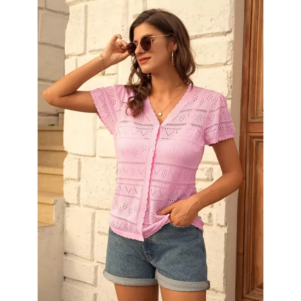 GRACE KARIN Womens Short Sleeve Ruffle Cardigan 2024 Summer Crochet Cardigan Lightweight Bolero Shrugs Sweaters TopsPink
