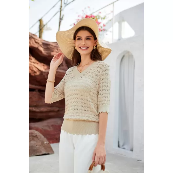 GRACE KARIN Womens Short Sleeve Sweaters Tops V Neck Pullover Knit Shirts Crochet Hollow Out BlousesApricot