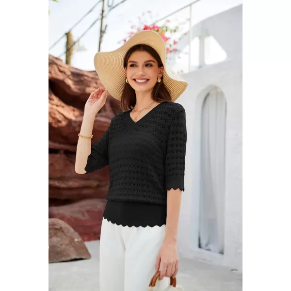 GRACE KARIN Womens Short Sleeve Sweaters Tops V Neck Pullover Knit Shirts Crochet Hollow Out BlousesBlack