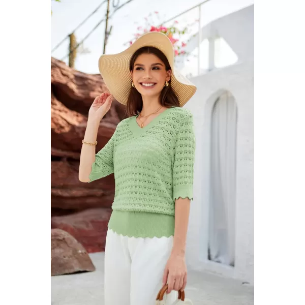 GRACE KARIN Womens Short Sleeve Sweaters Tops V Neck Pullover Knit Shirts Crochet Hollow Out BlousesLight Green