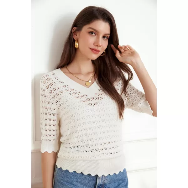 GRACE KARIN Womens Short Sleeve Sweaters Tops V Neck Pullover Knit Shirts Crochet Hollow Out BlousesWhite