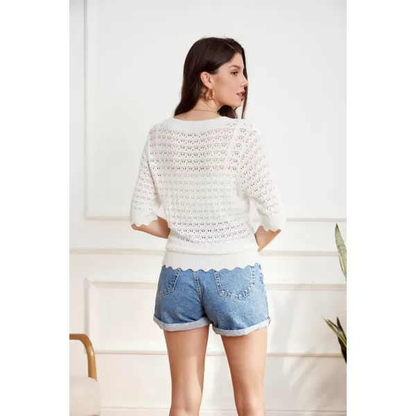 GRACE KARIN Womens Short Sleeve Sweaters Tops V Neck Pullover Knit Shirts Crochet Hollow Out BlousesWhite