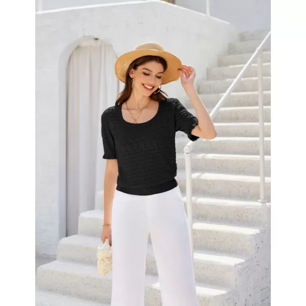 GRACE KARIN Womens Short Sleeve Tops Pullover Sweaters Knit Tops Casual Hollow Out Knitted o Neck for Daily WearBlack