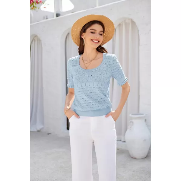 GRACE KARIN Womens Short Sleeve Tops Pullover Sweaters Knit Tops Casual Hollow Out Knitted o Neck for Daily WearLight Blue