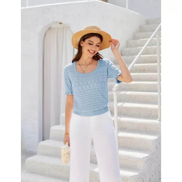GRACE KARIN Womens Short Sleeve Tops Pullover Sweaters Knit Tops Casual Hollow Out Knitted o Neck for Daily WearLight Blue
