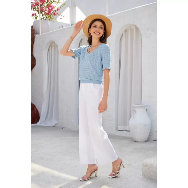 GRACE KARIN Womens Short Sleeve Tops Pullover Sweaters Knit Tops Casual Hollow Out Knitted o Neck for Daily WearLight Blue