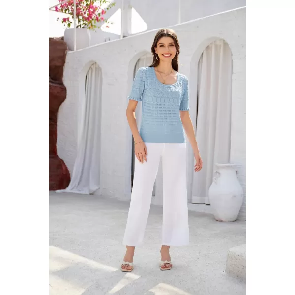 GRACE KARIN Womens Short Sleeve Tops Pullover Sweaters Knit Tops Casual Hollow Out Knitted o Neck for Daily WearLight Blue