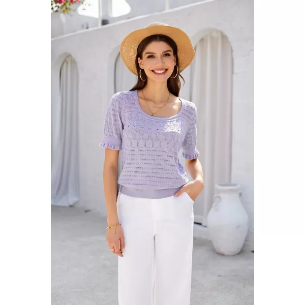 GRACE KARIN Womens Short Sleeve Tops Pullover Sweaters Knit Tops Casual Hollow Out Knitted o Neck for Daily WearLilac