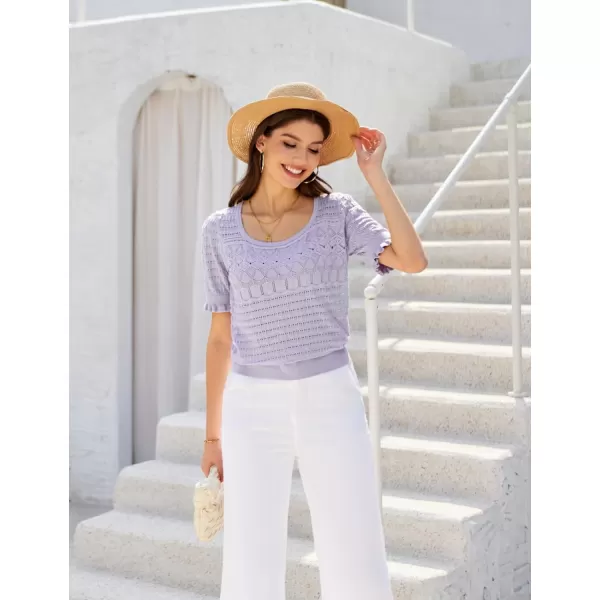 GRACE KARIN Womens Short Sleeve Tops Pullover Sweaters Knit Tops Casual Hollow Out Knitted o Neck for Daily WearLilac