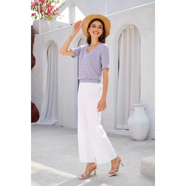 GRACE KARIN Womens Short Sleeve Tops Pullover Sweaters Knit Tops Casual Hollow Out Knitted o Neck for Daily WearLilac