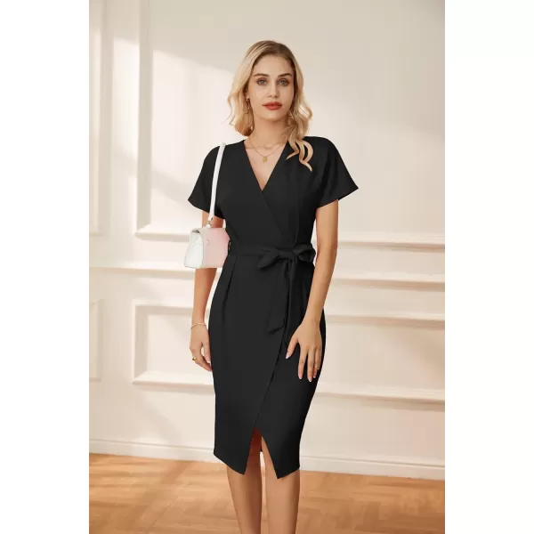 GRACE KARIN Womens Short Sleeve V Neck Business Dress Tie Waist Faux Wrap Slit Cocktail Party Dress Bodycon Midi DressBlack