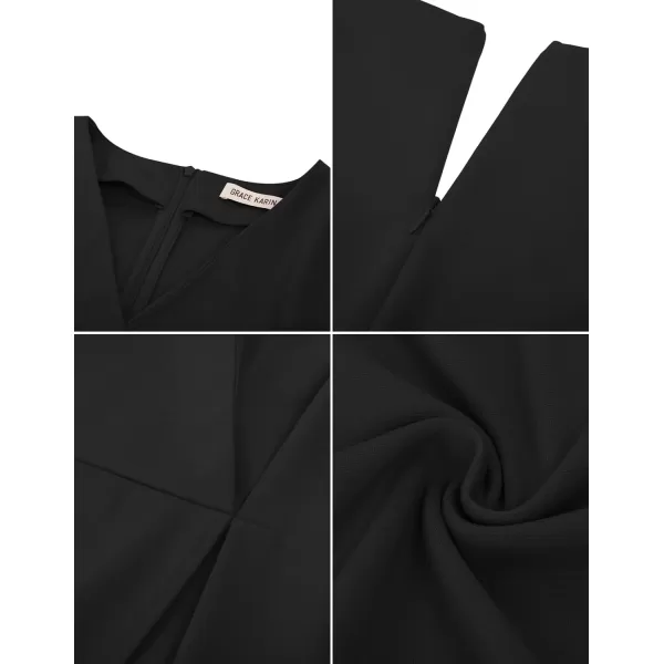 GRACE KARIN Womens Short Sleeve V Neck Business Dress Tie Waist Faux Wrap Slit Cocktail Party Dress Bodycon Midi DressBlack