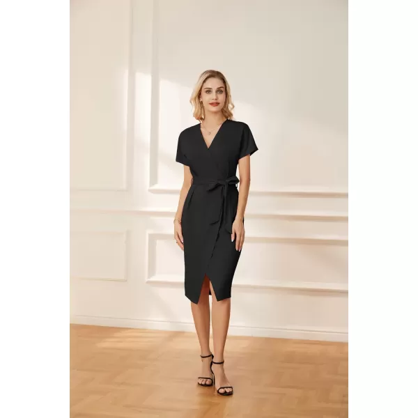 GRACE KARIN Womens Short Sleeve V Neck Business Dress Tie Waist Faux Wrap Slit Cocktail Party Dress Bodycon Midi DressBlack