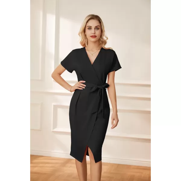 GRACE KARIN Womens Short Sleeve V Neck Business Dress Tie Waist Faux Wrap Slit Cocktail Party Dress Bodycon Midi DressBlack