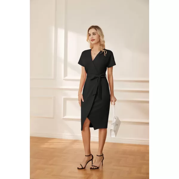 GRACE KARIN Womens Short Sleeve V Neck Business Dress Tie Waist Faux Wrap Slit Cocktail Party Dress Bodycon Midi DressBlack