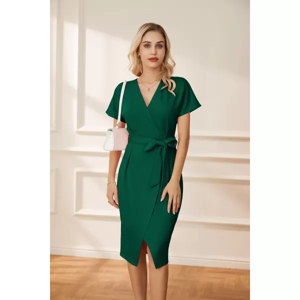 GRACE KARIN Womens Short Sleeve V Neck Business Dress Tie Waist Faux Wrap Slit Cocktail Party Dress Bodycon Midi DressDark Green