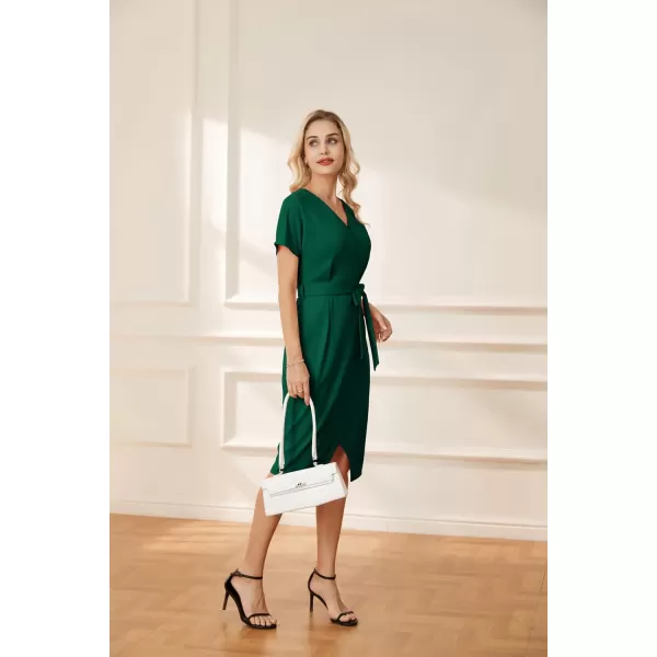 GRACE KARIN Womens Short Sleeve V Neck Business Dress Tie Waist Faux Wrap Slit Cocktail Party Dress Bodycon Midi DressDark Green