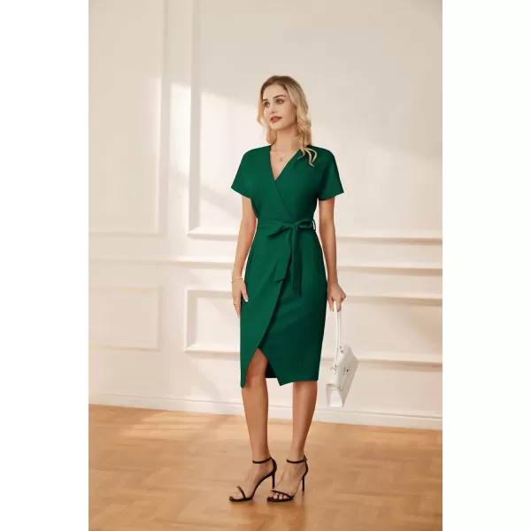 GRACE KARIN Womens Short Sleeve V Neck Business Dress Tie Waist Faux Wrap Slit Cocktail Party Dress Bodycon Midi DressDark Green