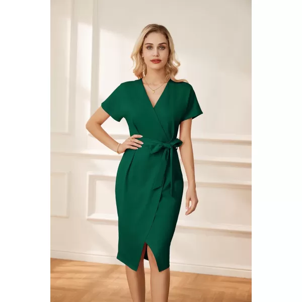 GRACE KARIN Womens Short Sleeve V Neck Business Dress Tie Waist Faux Wrap Slit Cocktail Party Dress Bodycon Midi DressDark Green