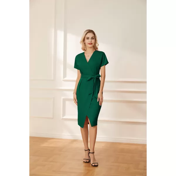 GRACE KARIN Womens Short Sleeve V Neck Business Dress Tie Waist Faux Wrap Slit Cocktail Party Dress Bodycon Midi DressDark Green