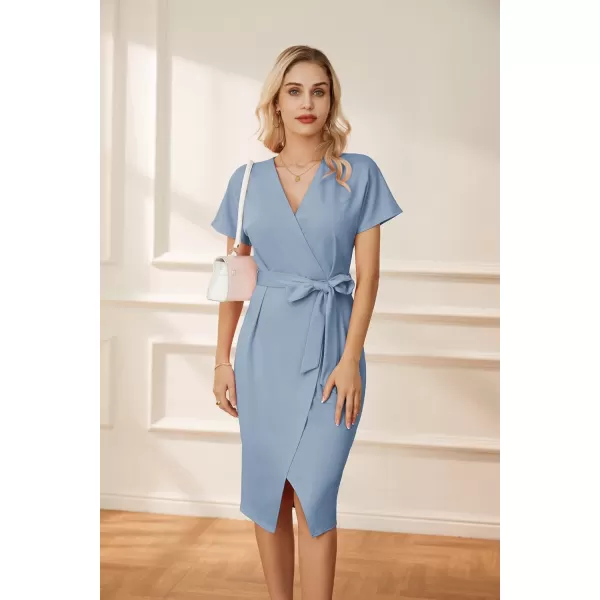 GRACE KARIN Womens Short Sleeve V Neck Business Dress Tie Waist Faux Wrap Slit Cocktail Party Dress Bodycon Midi DressGrey Blue