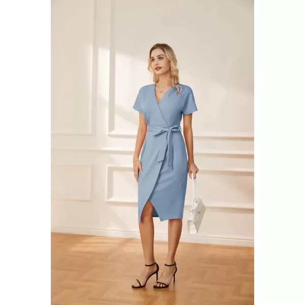 GRACE KARIN Womens Short Sleeve V Neck Business Dress Tie Waist Faux Wrap Slit Cocktail Party Dress Bodycon Midi DressGrey Blue