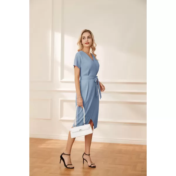 GRACE KARIN Womens Short Sleeve V Neck Business Dress Tie Waist Faux Wrap Slit Cocktail Party Dress Bodycon Midi DressGrey Blue