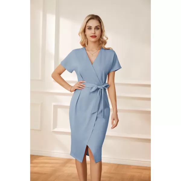 GRACE KARIN Womens Short Sleeve V Neck Business Dress Tie Waist Faux Wrap Slit Cocktail Party Dress Bodycon Midi DressGrey Blue