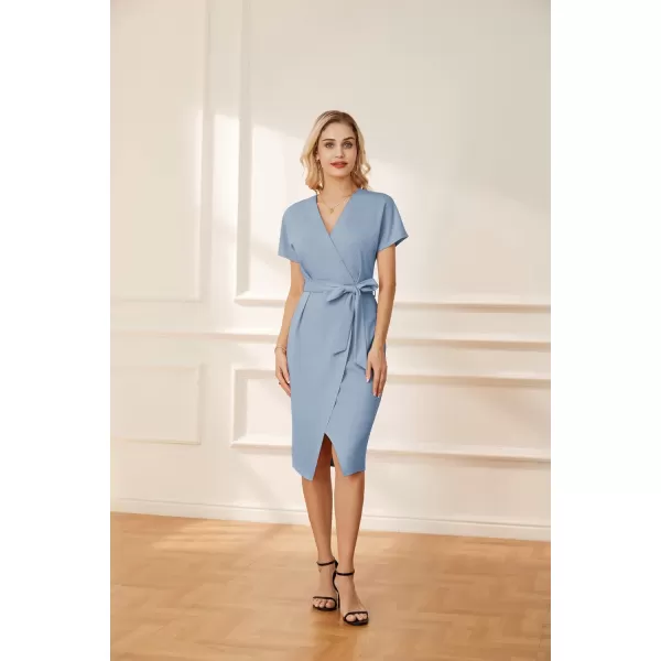 GRACE KARIN Womens Short Sleeve V Neck Business Dress Tie Waist Faux Wrap Slit Cocktail Party Dress Bodycon Midi DressGrey Blue